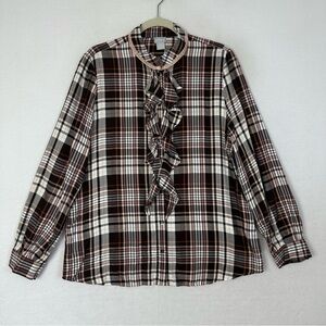 Chico's Checkered Ruffle Blouse - Black, White, Brown